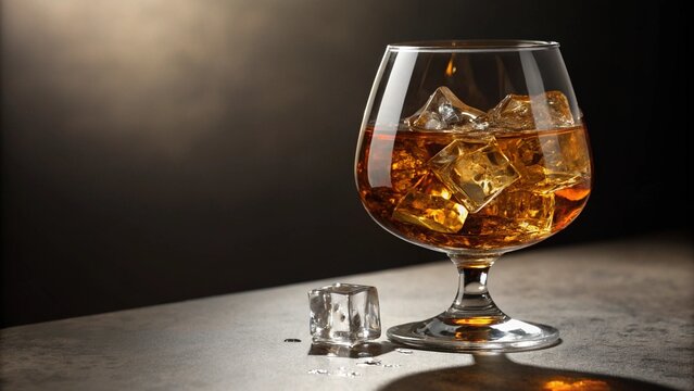 Elegant glass of amber alcohol, ideal for whiskey, cognac, or brandy, isolated on white