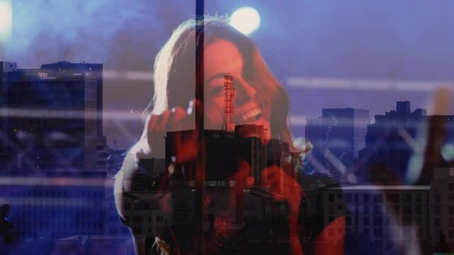 Female singer raising mic and singing on music stage, lighting shifting over skyline projection