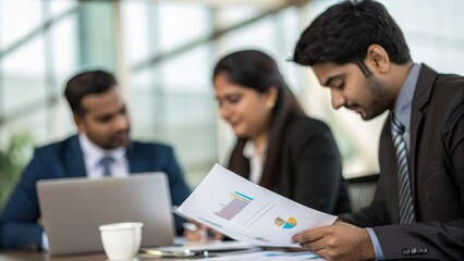Indian executives reviewing financial reports during board meeting	

