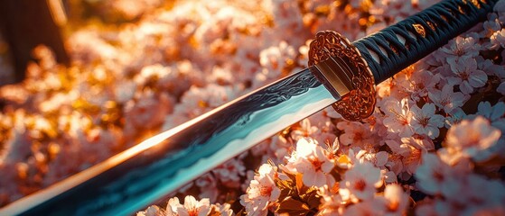 Close-up of ornate samurai sword resting on pink cherry blossoms a traditional Japanese katana