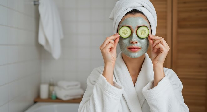 Serene Spa Day Ritual: A woman embraces self-care, her skin luxuriating in a rejuvenating facial mask and refreshing cucumber slices.
