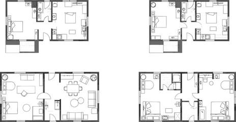 Collection of modern residential apartment floor plans with detailed room layouts, architectural home blueprints, 2-bedroom and 3-bedroom housing designs.