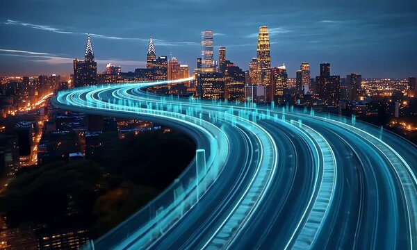 A highway of light blue and teal data streams winds in the shape of a long, winding road, leading to a city skyline at night with buildings lit up. - Powered by Adobe