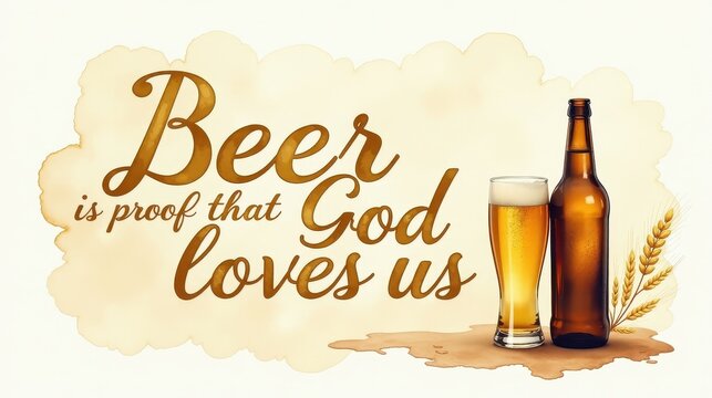 “Beer is proof that God loves us.” Classic lettering in rustic gold ink, light watercolor background in honey and wheat hues