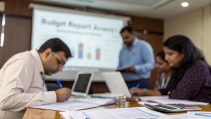 Fototapeta premium Indian finance team preparing budget report in conference room 