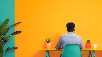 Man Sitting at Desk Against Colorful Wall