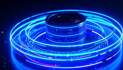 Futuristic lens, glowing rings, digital