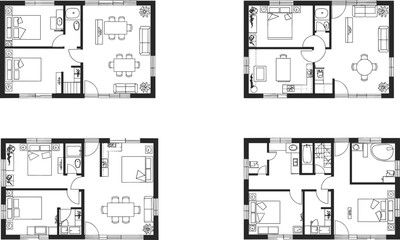 Modern house floor plan set, architectural layout design, home interior blueprint, real estate floor plans, apartment design template, architectural drawing illustration.