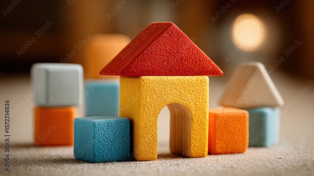 Poster brightly colored wooden blocks are stacked and arranged to form a small house. the playful setup is 