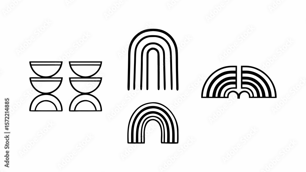 Poster various abstract geometric shapes in black and white including rainbows and stacked bowls design art