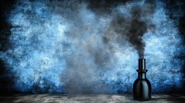 Ethereal Black Perfume Bottle: Dark Smoke Trails Against a Moody Blue Wall