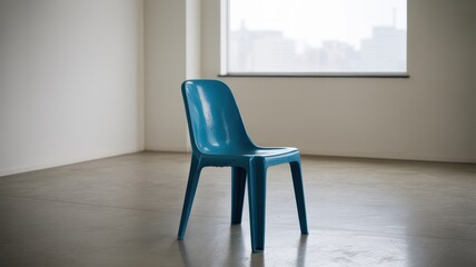A solitary blue plastic chair stands in an empty room with a large window letting in soft light.