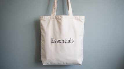 A simple beige tote bag with the word 'Essentials' printed in black, hanging against a plain gray wall.