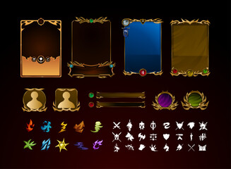 collection set of fantasy golden ancient trading card game with elements, rpg icon symbols, medal and bar © didik