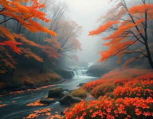 Autumn in the misty forest with blossoms flowers on the foreground, vibrant trees and small waterfalls, backgrounds, wallpaper, art print