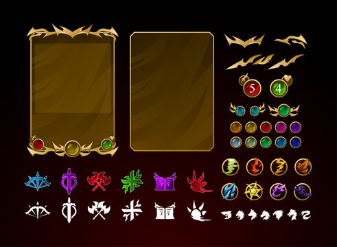 ancient myth medieval golden fantasy trading card game tcg template full customizable with elements, animal, class role icon