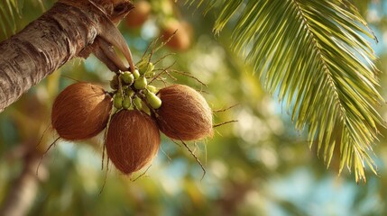 Lush green palm tree showcases clusters of ripe coconuts with brown husks and green seeds, basking in warm sunlight against a vibrant backdrop of nature.