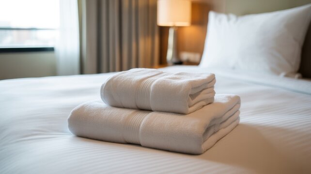 Neatly folded white towels resting on a pristine hotel bed, bathed in soft natural light from a nearby window