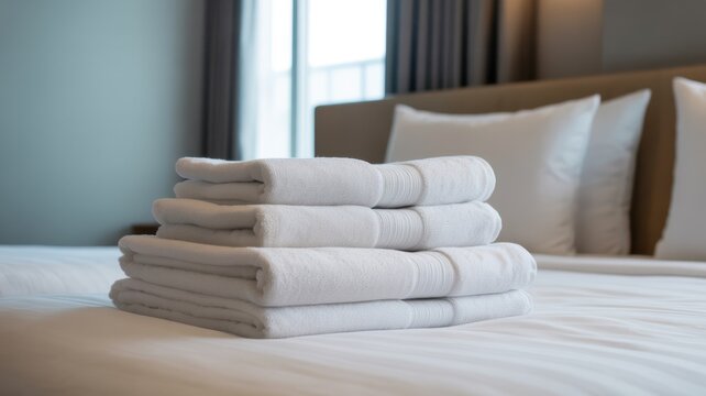 Neatly folded white towels stacked on a cozy hotel bed with soft lighting and a window in the background