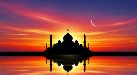 Peaceful Mosque Silhouette — Sunset Worship Scene in August Evening
