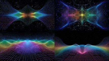 Vibrant digital art showing geometric shapes, lines, waves, and light in a cosmic landscape