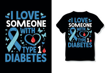 "I Love Someone With Type 1 Diabetes" Blue Ribbon and Butterflies Graphic for Support and Advocacy