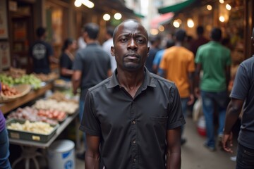 Obraz premium A black man stands in a crowded market, looking around nervously. The background is busy with people and stalls selling goods