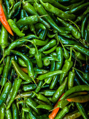 Green chillies for sale in market.