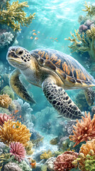 Fototapeta premium ocean conservation activism A turtle gliding through vibrant coral reef. beach cleanup campaigns marine sustainability efforts