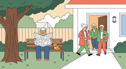 Elderly friends gather for a pleasant afternoon together enjoying outdoor activities and conversation