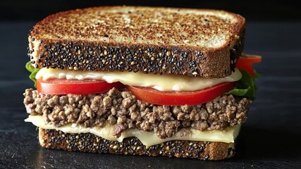 Close-up of a hearty sandwich with seasoned ground meat, melted cheese, and tomato slices, all nestled between toasted whole-grain bread sprinkled with seeds - Powered by Adobe
