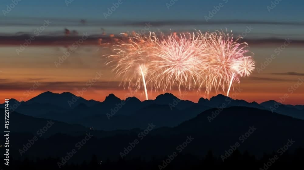 Poster fireworks exploding over mountains at dusk with orange and blue sky in the background scene view