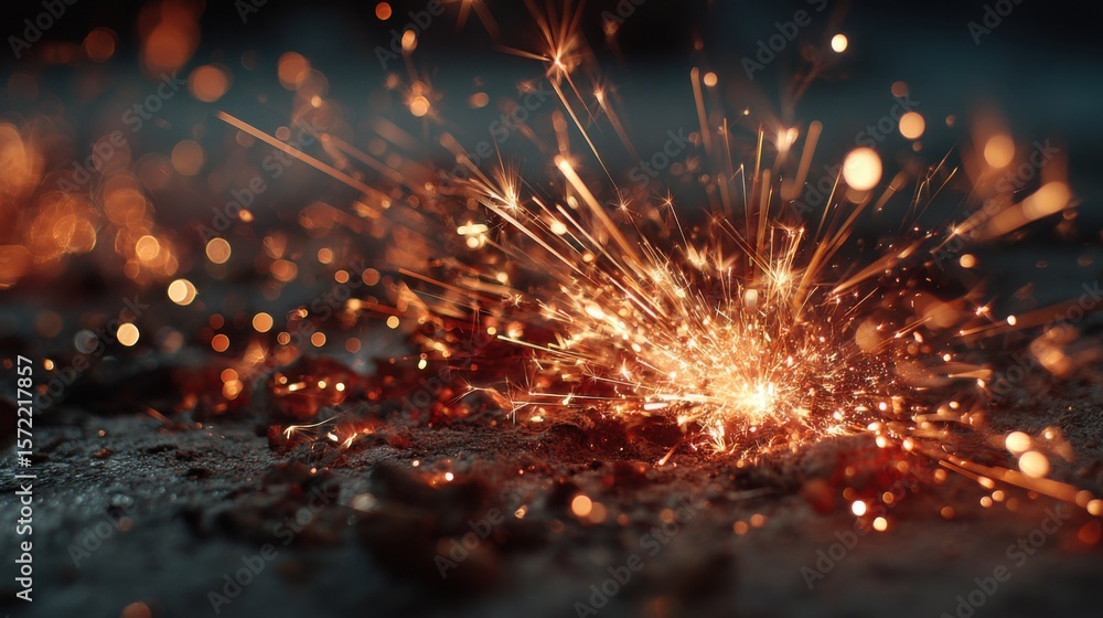 Poster bright sparks illuminate the dimly lit workshop as metal is cut, creating a dynamic display of light