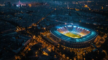 Nighttime aerial view of stadium with illuminated at night.