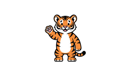 Friendly cartoon tiger waving hello showing its paw in a cute friendly manner