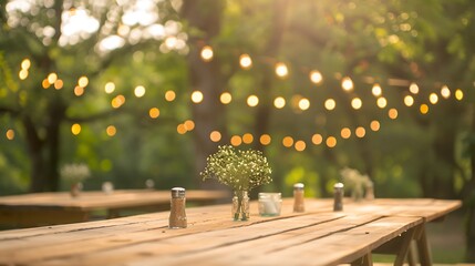 Outdoor Rustic Table with String Lights Ambiance