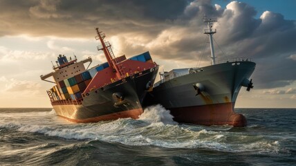 Fototapeta premium Two massive cargo ships collide in turbulent seas under a dramatic sky