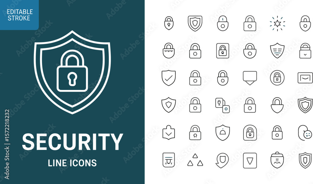 Poster security icons set vector illustration for data protection and cyber security with editable stroke 1