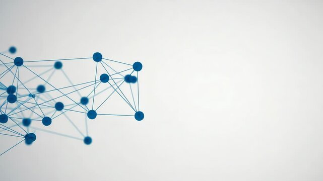 A blue network of connected dots and lines against a white background