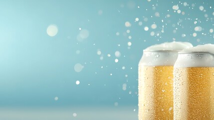 Cold Beer Cans with Frothy Foam and Bubbles