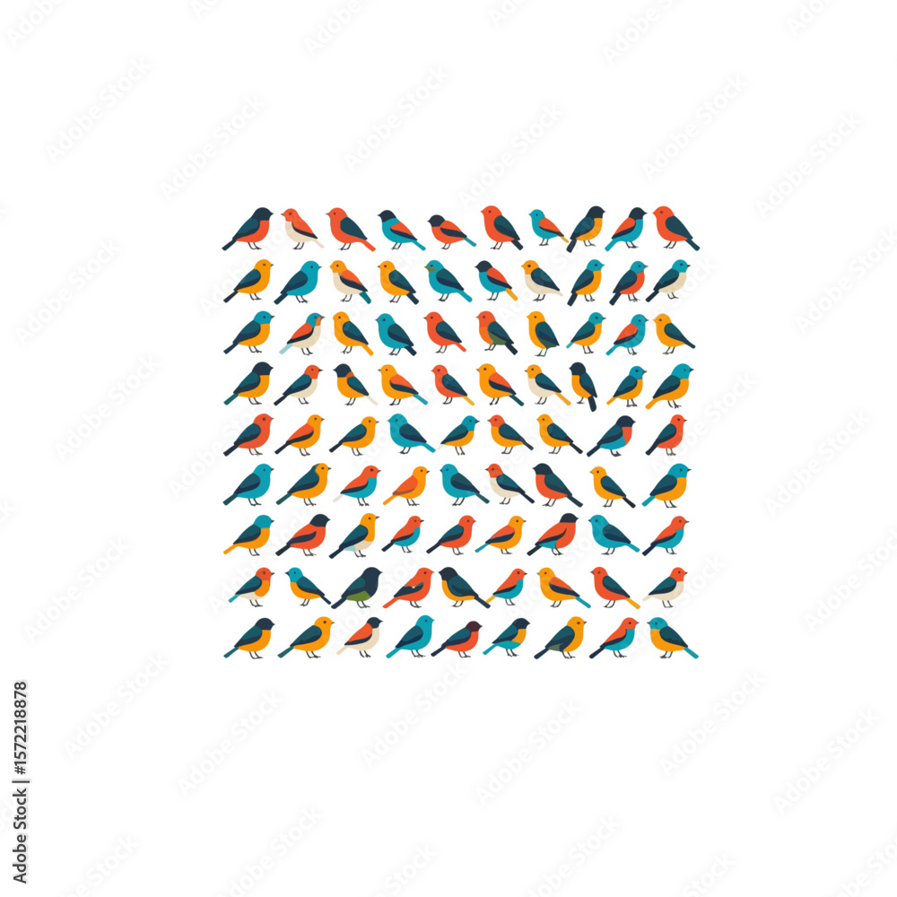 Poster a grid of colorful birds arranged in neat rows on a white background