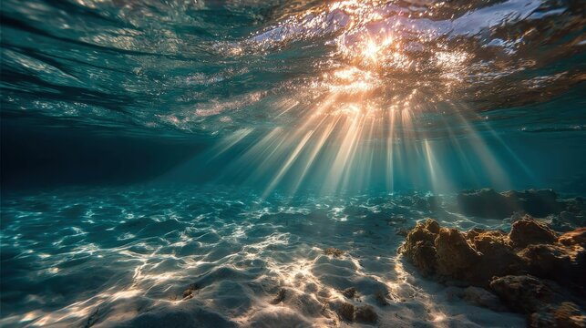 Soft sunlight breaks through the water surface, creating a mesmerizing dance of light on the sandy ocean floor. The tranquil scene captures the beauty of underwater life.