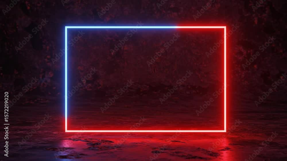 Poster a neon rectangle with blue top and red bottom on a dark textured background and reflective floor