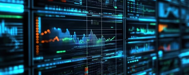 Futuristic Close-Up of Multiple Computer Screens with Colorful Line Graphs The image is a heart