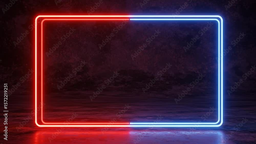 Aufkleber a rectangular neon frame with blue on top and red on the bottom against a dark textured background