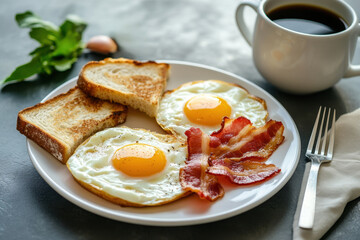 Homemade American breakfast. Fried eggs with bacon and toast, a cup of coffee and a fork on a grey table. Healthy breakfast. The concept of healthy eating
