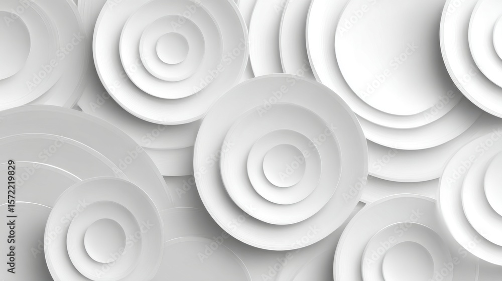 Poster several white plates are layered and arranged in a circular pattern, highlighting their smooth textu