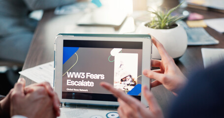 Hands, tablet and screen at meeting, discussion and financial strategy for war, global tension and trading. People, tech and ux for analysis, point and review with international conflict at office