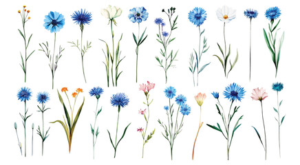 Wild Field flowers Watercolor illustration Botanical collection of garden plants. Set different wild flowers, branches, herbs and leaves for bouquets and other natural elements for cards and invintati