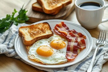 Homemade American breakfast. Fried eggs with bacon and toast, a cup of coffee and a fork on a wooden table. Healthy breakfast. The concept of healthy eating. Morning sunlight